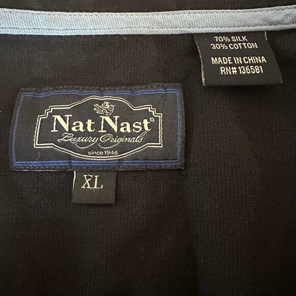 Nat Nast Men XL 70% Silk 30% Cotton Blend Button front Short sleeve Black Blue - Picture 2 of 11